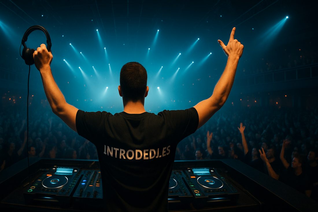 DJ de espaldas con luces azules ante el público en un club